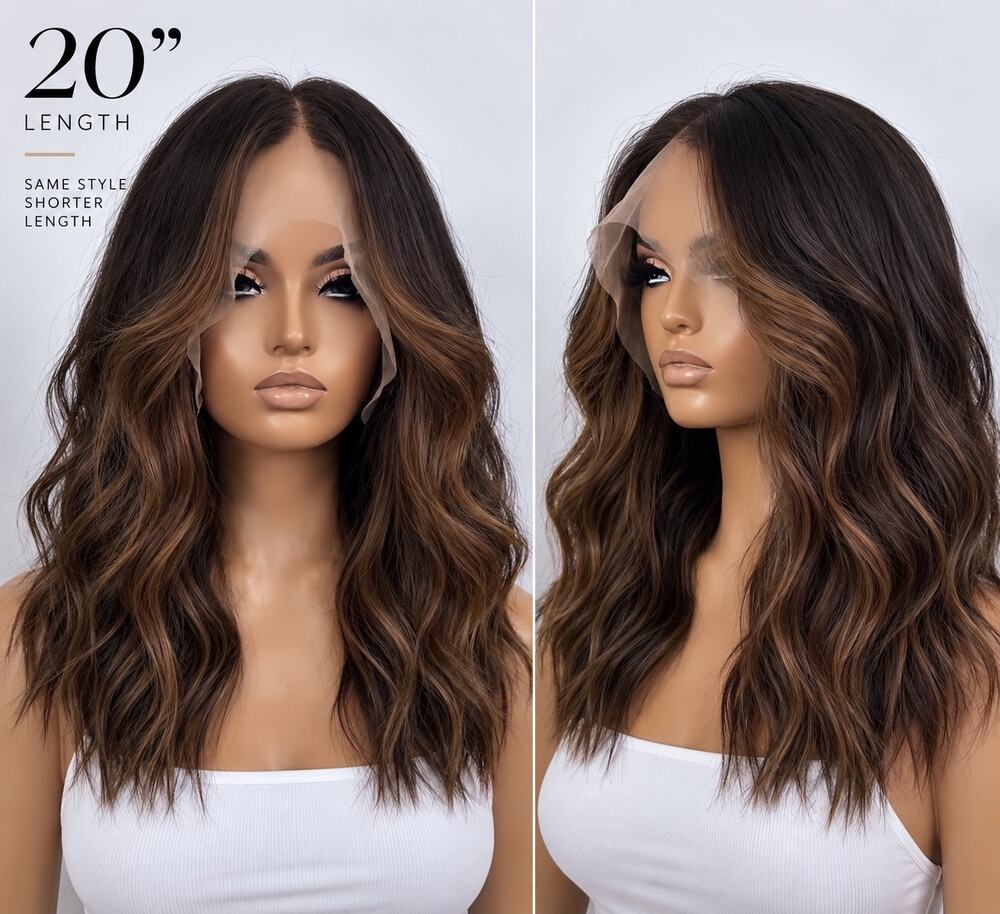 20” brown and honey blonde highlights wavy wig